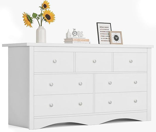 Furmax Dresser for Bedroom, 7 Wood Dresser, Chest of Drawers, for TV up to 65 inch, TV Stand Storage Chest of Drawers for Hallway Entryway (White)