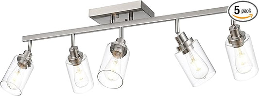 MELUCEE 5 Light Bathroom Light Fixtures Multi-Directional Rotating Track Lighting Kit Brushed Nickel, Ceiling Spotlight Fixture for Kitchen Foyer Bath, Clear Glass Shade