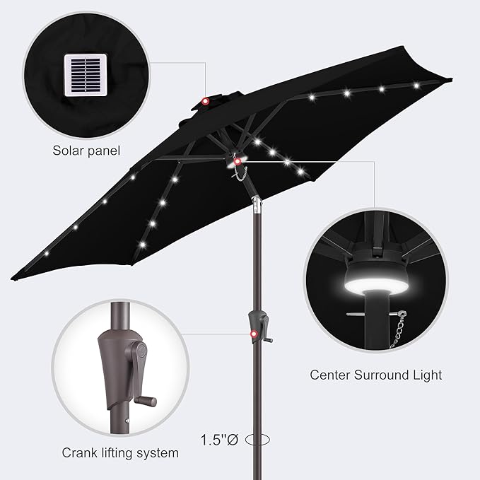 7.5FT Solar Umbrella Outdoor - Lighted Solar Patio Umbrella with 24 LED Lights Waterprool UV Protection, Table Umbrella with Tilt for Pool, Porch, Garden, Deck, Backyard (Black)