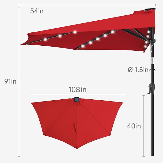 9ft Solar Half Umbrellas Outdoor - LED Half Patio Umbrella with 25 Lights, UV Protection Waterprool, Half Round Umbrella for Wall Balcony, Pool, Porch, Garden, Deck, Backyard, Red