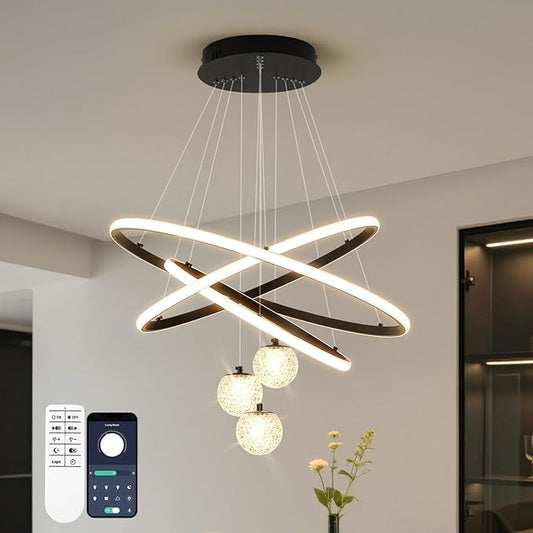 LED Modern 3 Ring Chandeliers for Dining Room, 24in Dimmable Kitchen Pendant Lamp, Black Dining Room Light Fixtures Ceiling Hanging Over Table, Globe Round Chandeliers for Living Room Bedroom