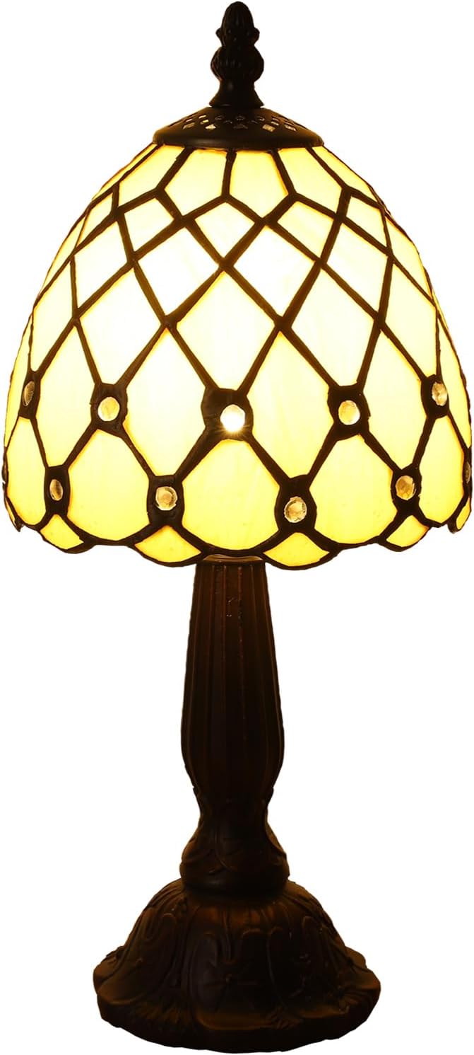 Small Tiffany Style Table Lamp,3 Color Temperature Beads Light Gold Stained Glass Table Lamps for Living Dining Room,Bedroom,Bedside Nightstand Night Light+LED E12 Bulb,6X6X13Inch