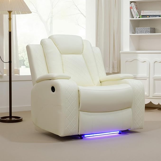 Power Recliner Sofa Set for Living Room, Leather Reclining Sofa Sets with Storage Console, Living Room Furniture Sets with LED Lights(Chair,Creamy)