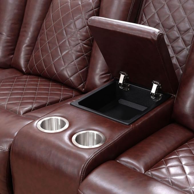 Power Recliner Sectional Sofa with LED Lighting, Breathing Leather Corner Couch with USB Port and Storage Console, Cup Holders, Reading Light – Home Theater & Living Room Seating (Red)