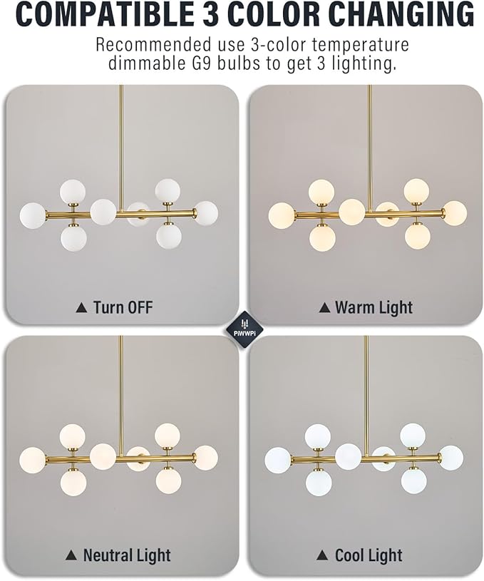Modern Linear Chandeliers for Dining Room, 8-Light Globe Sputnik Pendant Ceiling Light, Brass Gold Dining Room Light Fixture Over Table, Mid Century Glass Milk White Bubble, 31.5 Inch, GC-09