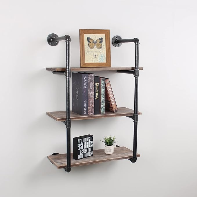 MBQQ Industrial Pipe Shelving Wall Mounted,24in Rustic Metal Floating Shelves,Steampunk Real Wood Book Shelves,Wall Shelf Unit Bookshelf Hanging Wall Shelves,Farmhouse Kitchen Bar Shelving(3 Tier)