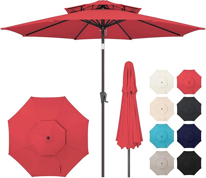 9FT Outdoor Patio Umbrella - 2 Tiers Table Umbrella Waterprool UV Protection, Sombrillas de Patio with Push Button Tilt, Sun Umbrella for Pool, Porch, Garden, Backyard (Red)