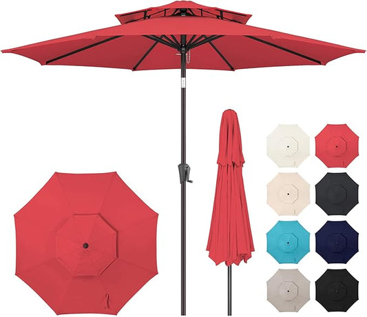 9FT Outdoor Patio Umbrella - 2 Tiers Table Umbrella Waterprool UV Protection, Sombrillas de Patio with Push Button Tilt, Sun Umbrella for Pool, Porch, Garden, Backyard (Red)