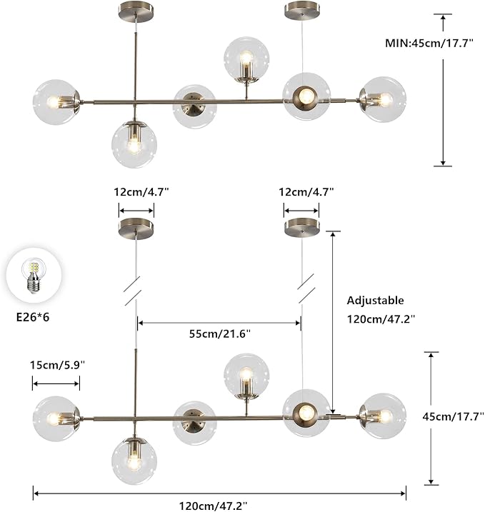 KCO Lighting 6 Light Brushed Nickel Chandelier Bubble Glass Pendant Lights Kitchen Mid Century Modern Linear Chandelier Globe Sputnik Ceiling Light for Dining Room Living Room