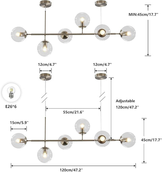 KCO Lighting 6 Light Brushed Nickel Chandelier Bubble Glass Pendant Lights Kitchen Mid Century Modern Linear Chandelier Globe Sputnik Ceiling Light for Dining Room Living Room