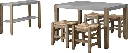 Alaterre Furniture Newport Kitchen Table Collection – Rustic Industrial 6-Piece Dining Set – Includes Kitchen Table with Faux Concrete Top, 4 Rush-Seat Stools & Side Buffet Console for Small Spaces