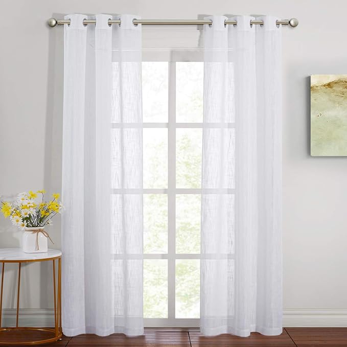 NICETOWN Bedroom Sheer Curtains 84 inch Long, Grommet White Linen Semi Sheer Curtains Privacy with Light Through Window Dressings for Living Room/Flat, 34 inch Wide, 1 Pair