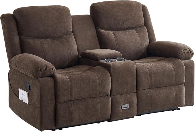 Loveseat Recliner Sofa, Manual Recliner Loveseat with Console, Modern Chenille Sofa Sleeper Deep Couches with Cup Holders and Side Pocket for Living Room/Office/Apartment (Brown) | Heating and Massage, Hidden Drawer