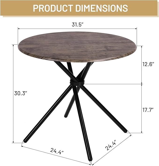 FurnitureR 31.5" Round Dining Table for 2-4 People, Vintage Wood Kitchen Table with Unique Intersecting Pedestal Base and Metal Legs for Home Office Living Room Kitchen, Vintage Brown