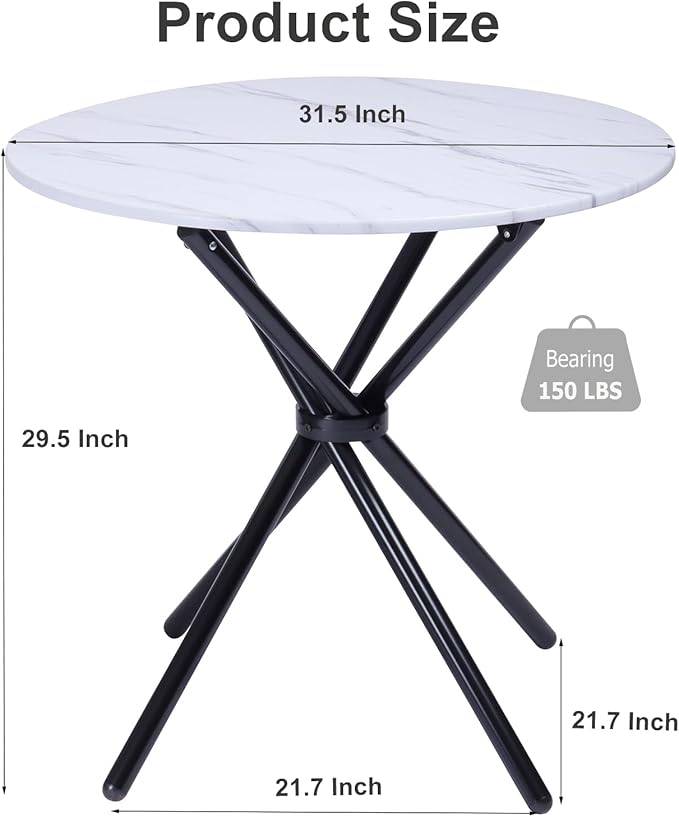 FurnitureR 31.5-Inch Round Dining Table for 2-4 People, Multifunctional Wooden Table for Cafe Restaurant Home Kitchen Dining Room, Unique Intersecting Pedestal Base and Metal Legs, White Marble