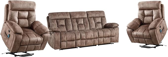 EBELLO Reclining Living Room Set, Soft Fabric Manual Recliner Sofa Furniture Set, Includes 2 Power Lift Recliner Chairs with Massage and Heat and 3 Seat Sofa, Brown