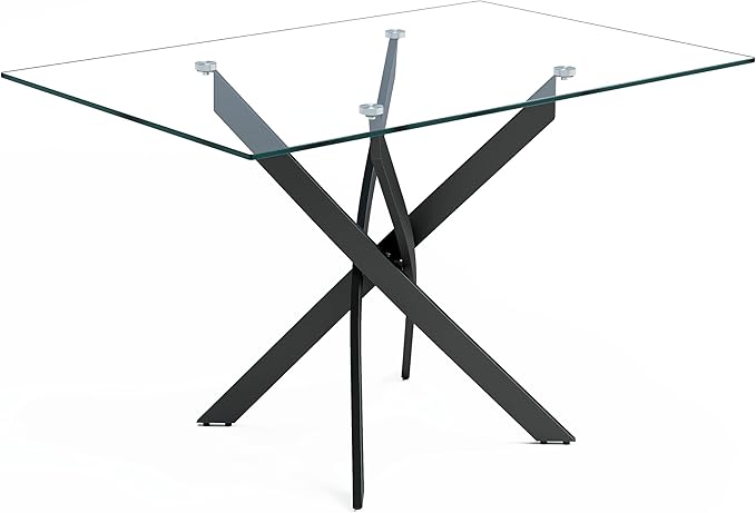 Tempered Glass Dining Table with Black Metal Legs, 47" Modern Rectangular Kitchen Table for Dining Room Kitchen (47.24" * 31.5", Black)