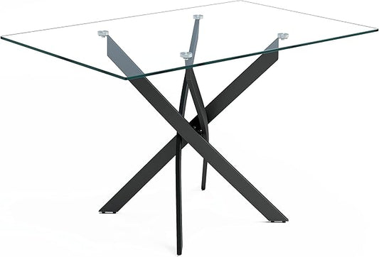 Tempered Glass Dining Table with Black Metal Legs, 47" Modern Rectangular Kitchen Table for Dining Room Kitchen (47.24" * 31.5", Black)