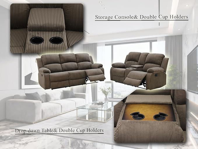 Reclining Sectional Sofa Set with Cup Holders, 2PCS Living Room Furniture Sets, Corduroy Recliner Sectional Sofa Set with Drop-Down Table, Storage Console, Reclining Couches for Living Room