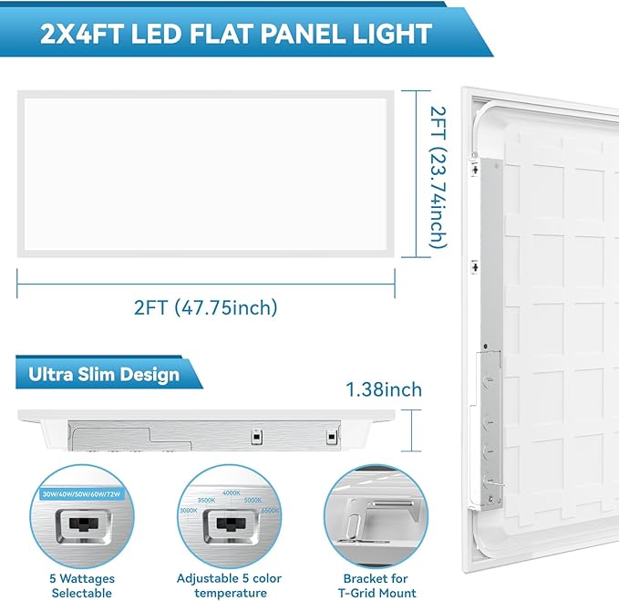 2x4 LED Flat Panel Light Drop Ceiling Office Fixture, 5 CCT 3000K-6500K Adjustable & 5 Wattage Selectable,0-10V Dimmable, 2X4 LED Flush Mount Ceiling Light, ETL Listed 16Pack