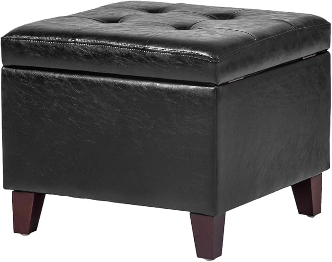 Adeco 17.7" Square Faux Leather Storage Ottoman, Tufted Footrest Stool with Hinged Lid & Wood Legs, Small Entryway Bench & Extra Seat for Living Room, Bedroom, Black