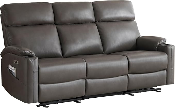 Power Reclining Sofa, Electric 3-Seat Dual Recliner Couch with USB Ports, Cup Holders, Wall Hugger Sofa & Couch for Living Room Home Theater Apartment RV (Grey) | Drop-Down Table, Side Pocket, Extended Footrest, Breathable Material