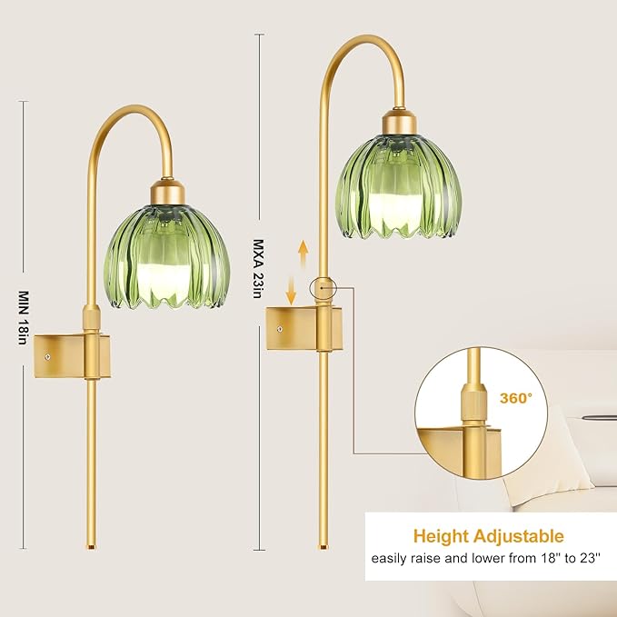 Vintage Battery Operated Wall Sconces Set of 2, Gold Rechargeable Wireless Wall Lamp Lights with Glass Lampshade & Remote,Dimmable 12 Colors Flower Wall Sconce for Bedroom Living Room Hallway