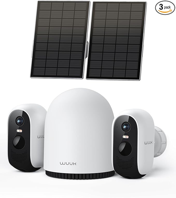 WUUK Solar Security Cameras Wireless Outdoor, Home Surveillance System, 2K, No Monthly Fee, Motion Alert, Night Vision, 2.4/5 GHz WiFi, 32G Local Storage, Compatible with Alexa & Google, 2-Camera Kit