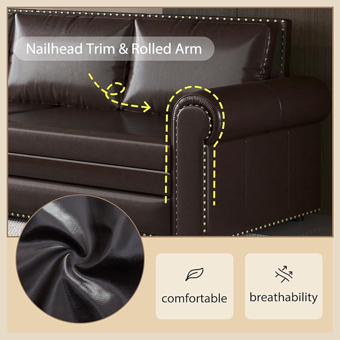 Eafurn 93.7" King Size Pull Out Sofa Bed, 3-in-1 Convertible Sleeper Sofa Couch Bed with Nailhead Decor and Rolled Arms, Faux Leather Oversized Chesterfield Loveseat Chaise Lounge