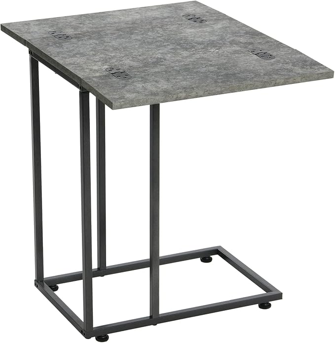 Household Essentials Jamestown Extendable C-Shaped for Accessiblity Side End Table Rustic Slate Concrete and Black Metal