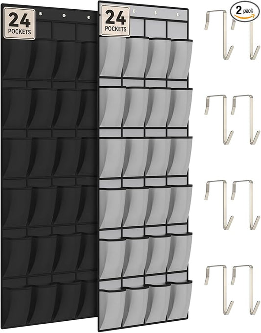 dodowin Over the Door Shoe Organizers, 2 Pack (1 Black & 1 Grey), Each with 24 Deep Mesh Pockets, Over The Door Shoe Rack, Space Saving Hanging Storage Holder for Closets, Shoes & Accessories