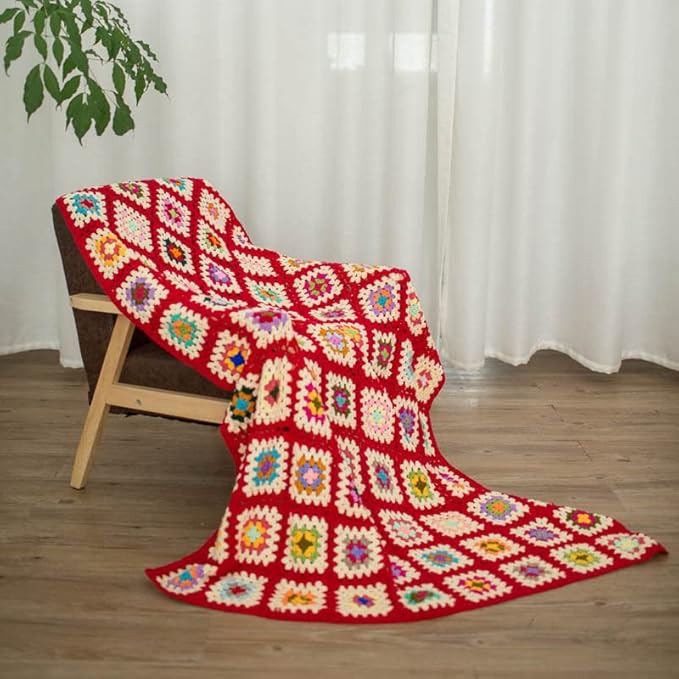 RISEON Handmade Granny Square Crochet Throw Blanket Sweater Style Mat, Crochet Quilt, Multicolor Boho Travel Accent Decor Throw for Sofa Comforter Couch Bed Recliner Living Room Bedroom (Red)