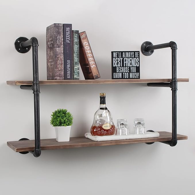 MBQQ Industrial Pipe Shelving Wall Mounted,36in Rustic Metal Floating Shelves,Steampunk Real Wood Book Shelves,Wall Shelf Unit Bookshelf Hanging Wall Shelves,Farmhouse Kitchen Bar Shelving(2 Tier)