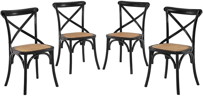 Modway Gear Rustic Modern Farmhouse Elm Wood Rattan Four Dining Chairs in Black
