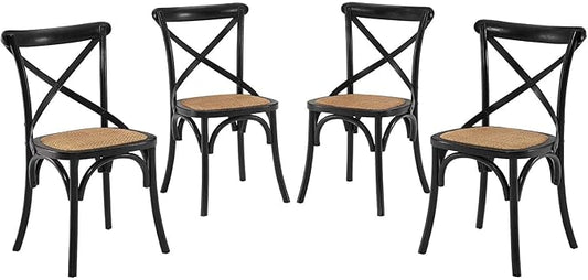 Modway Gear Rustic Modern Farmhouse Elm Wood Rattan Four Dining Chairs in Black