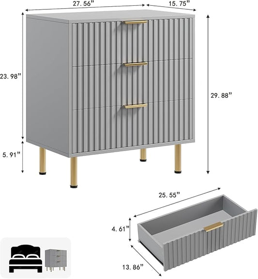 GarveeHome 3 Drawer Dresser for Bedroom, Fluted Modern Nightstand with Deep Drawers, Chest of Drawers with Wide Top, Wooden Dresser Organizer, Side Table for Living Room, Hallway, Kids Room, Grey