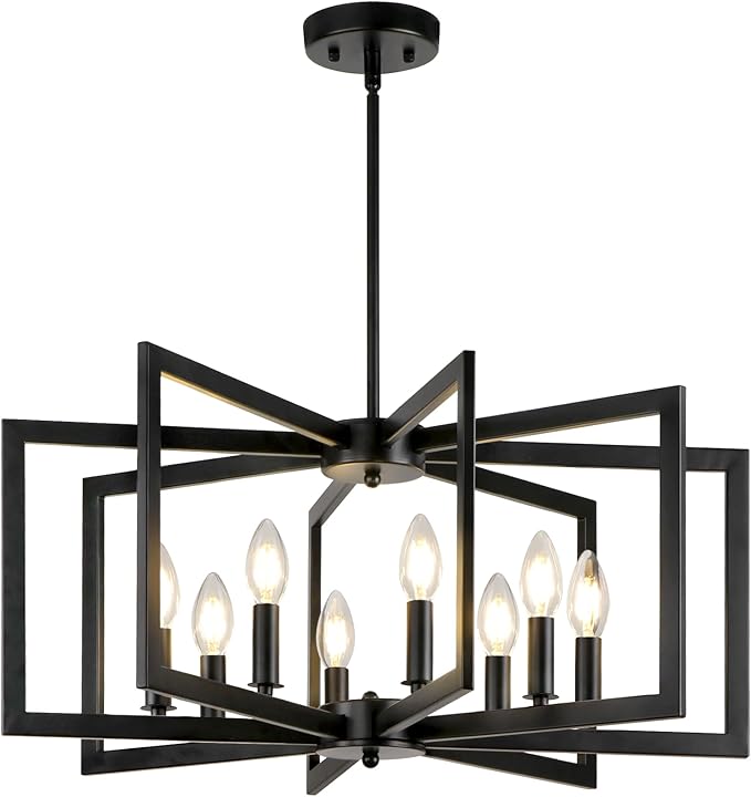 25.6" Black Chandelier for Dining Room, 8-Light Geometric Dining Room Light Fixture, Farmhouse Modern Chandeliers for Dining Room Living Room Foyer Stairway