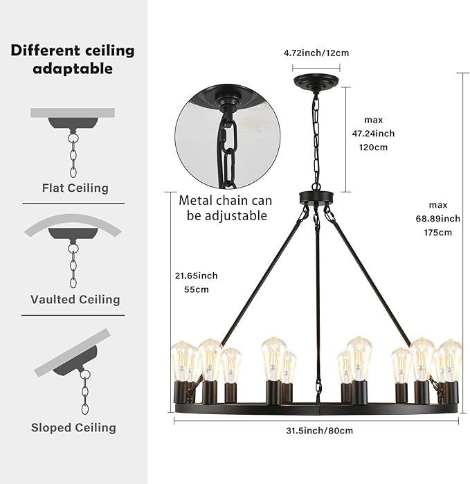 12 Lights Wagon Wheel Chandelier,31.5 inch Black Round Rustic Industrial Vintage Farmhouse Chandeliers for Outdoor Porch High Ceilings Living Dining Room Foyer Entryway