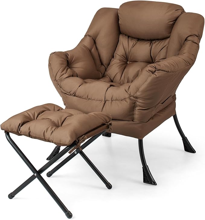 GORELAX Lazy Chair with Ottoman, Modern Accent Chair w/Armrests & Side Pocket, Upholstered Lounge Sofa Chair & Folding Footstool Set, Reading Chair for Bedroom, Living Room, Dorm Room (Brown)