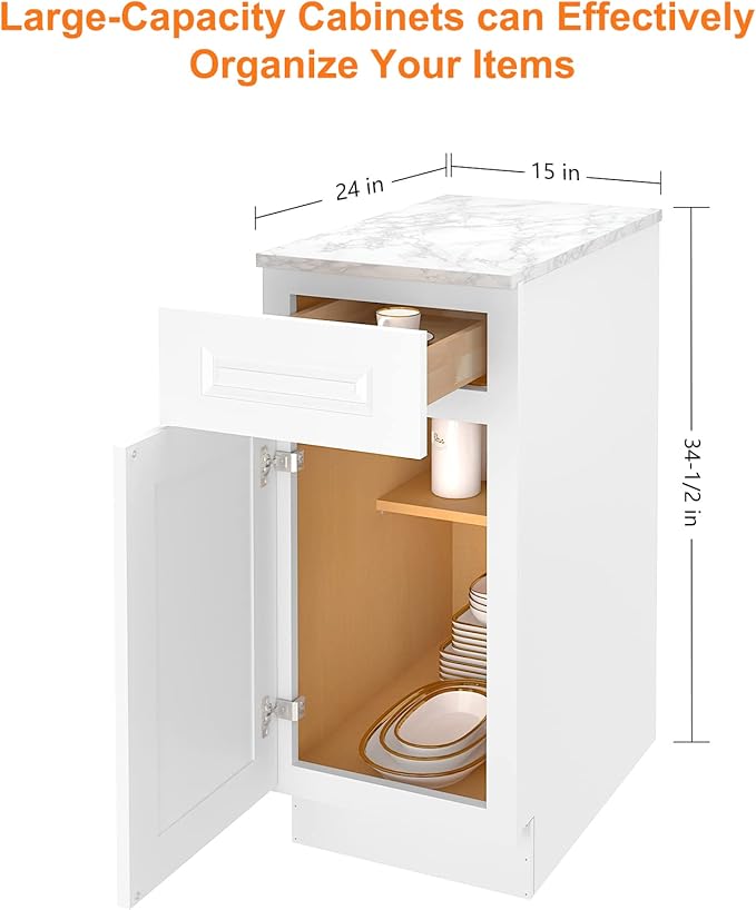 LOVMOR Kitchen Base Cabinets, Sideboard Storage Cabinet, Entryway Cabinet with 1-Drawer & Adjustable Shelf, 15" W X 24" D X 34-1/2"H