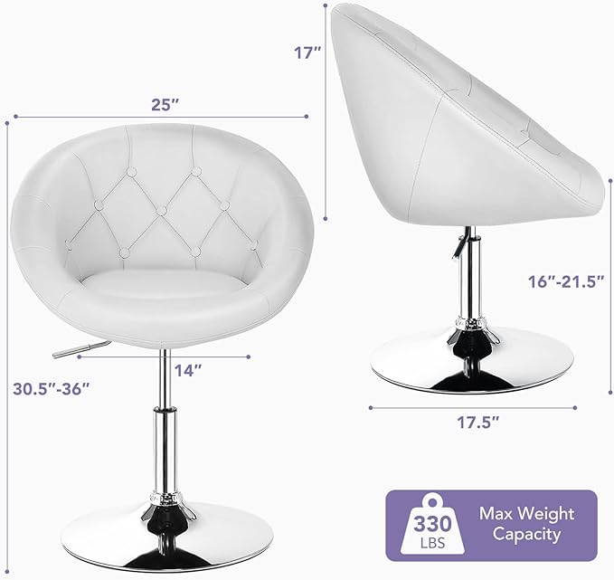Tufted Leather Swivel Accent Chair - Height Adjustable, Round Back, Chrome Frame, Suitable for Bedroom, Lounge, Bar