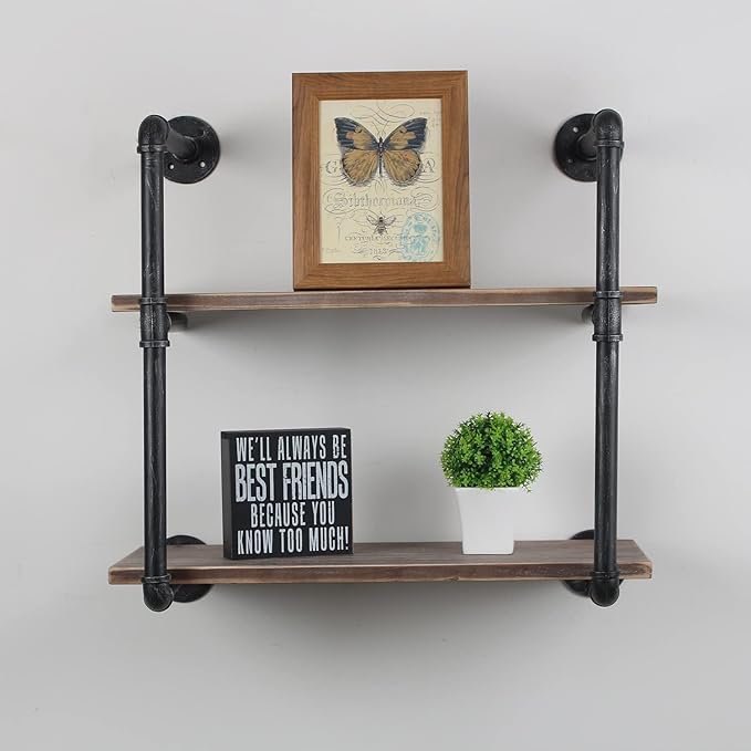 MBQQ Industrial Pipe Shelving Wall Mounted,24in Rustic Metal Floating Shelves,Steampunk Real Wood Book Shelves,Wall Shelf Unit Bookshelf Hanging Wall Shelves,Farmhouse Kitchen Bar Shelving(2 Tier)