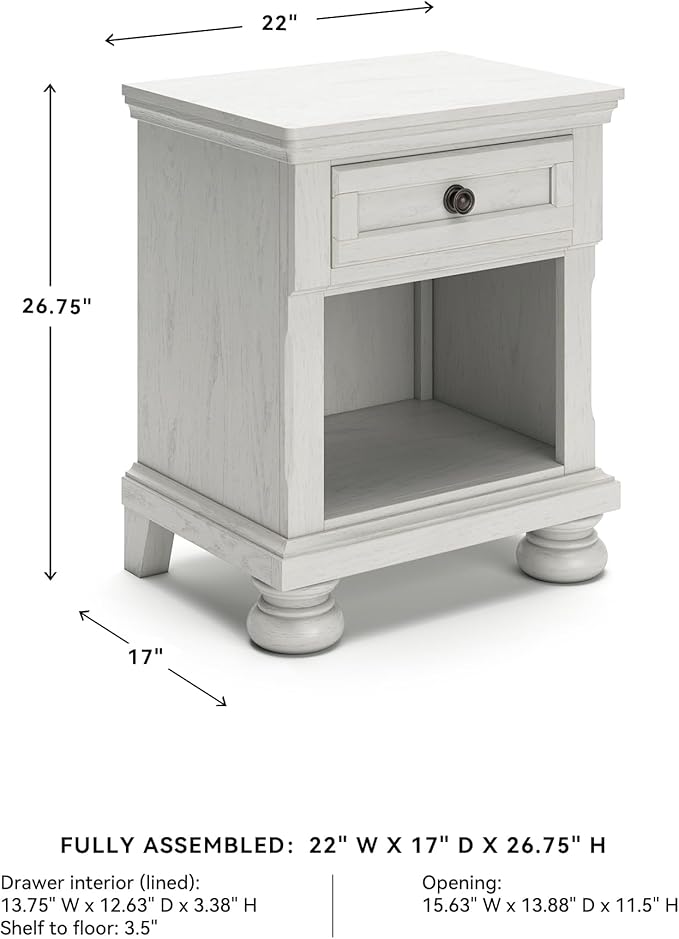 Signature Design by Ashley Robbinsdale Coastal 1-Drawer Nightstand with Cubby Storage, 26.75" Tall, White