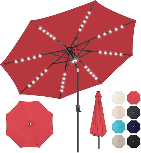 10ft Solar Umbrella Outdoor - Lighted Solar Patio Umbrella with 40 LED Lights Waterprool UV Protection, Table Umbrella with Tilt for Pool, Porch, Garden, Deck, Backyard (Red)