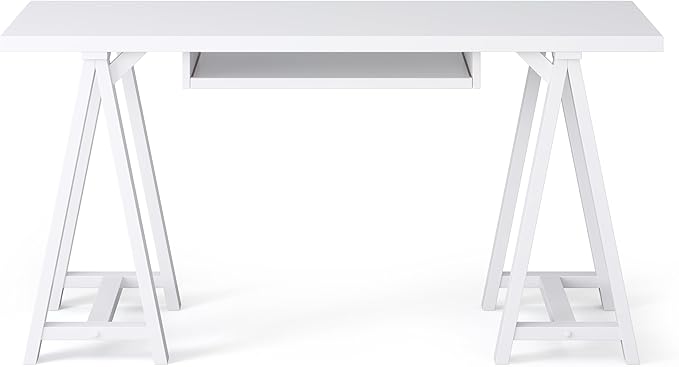 SIMPLIHOME Sawhorse Desk - 60 Inch Wide Solid Wood Writing Desk in White, Modern Industrial Home Office Computer Table for Workspace or Study with Sturdy Sawhorse Base and Integrated Keyboard Tray