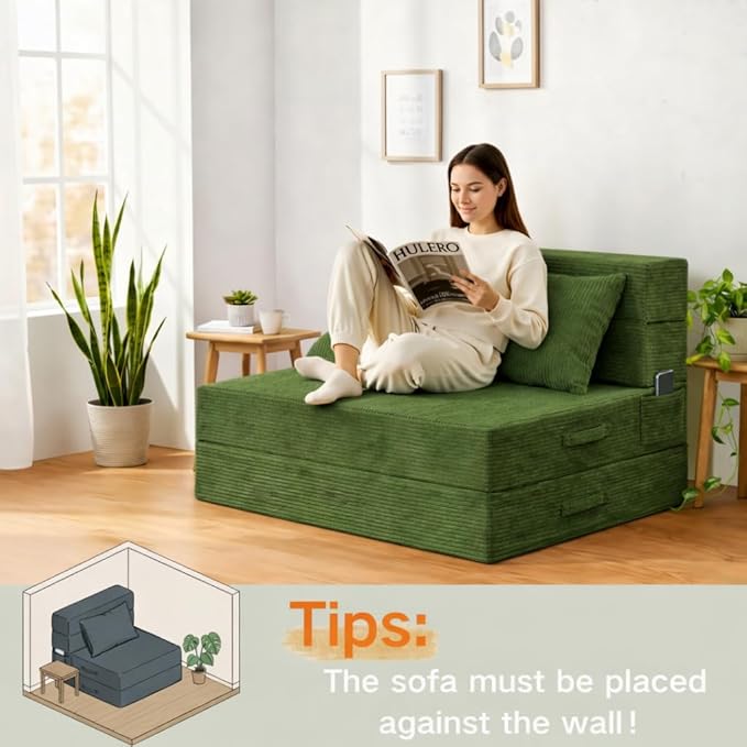 Folding Sofa Bed, 4 in 1 Convertible Sleeper Chair with Pillow, Twin Memory Foam Fold Out Chair Bed, Modern Floor Futon Sofa Couch Mattress for Living Room/Guest/Apartment, Green