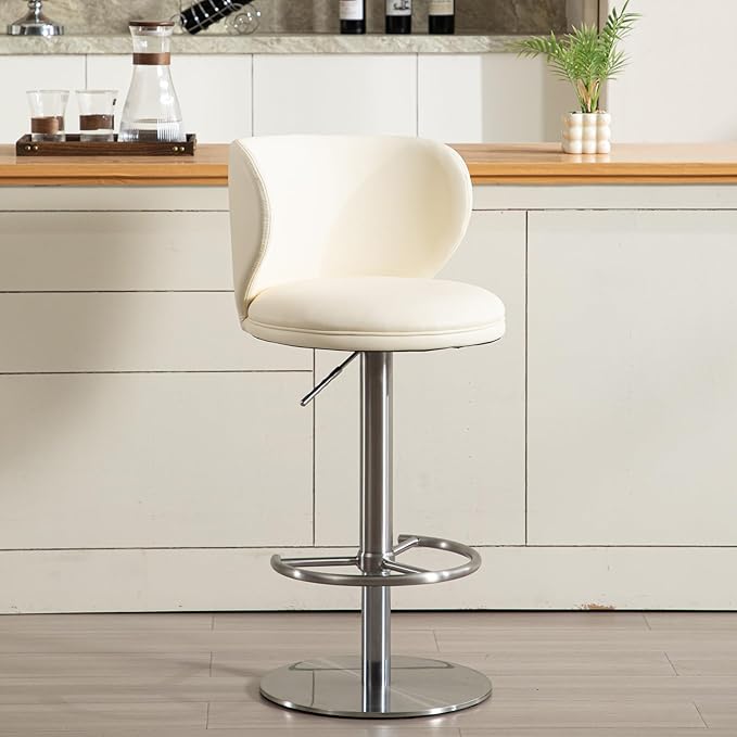 Stainless Steel Bar Stools,Grade Modern Leather Bar Chair with Backrest,Swivel Adjustable Height for Kitchen Counter and Dining Room (White Leather-1pc)