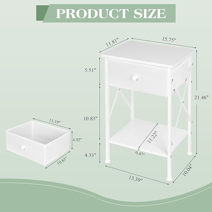 VECELO Nightstand Set of 2, X-Design End Side Table with Fabric Storage Drawer and Open Shelf, Bedside Night Stand with Steel Frame for Bedroom, Living Room,Dorm, Easy Assembly,White