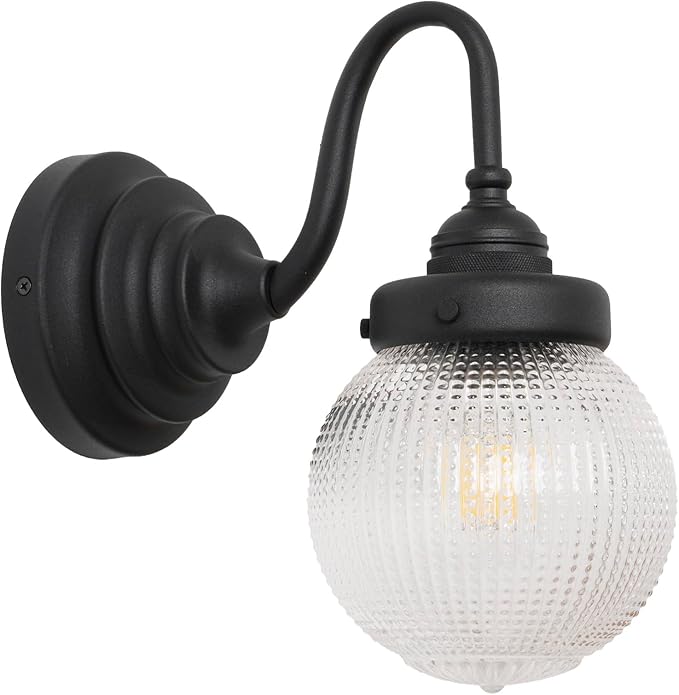 Curved Arm Wall Sconce Lighting with Clear Ribbed Glass Globe Shade, Vintage Brass Bathroom Wall Light Fixtures for Kitchen Living Room Bedroom Farmhouse