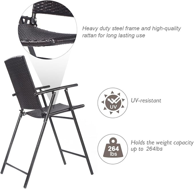 Giantex Set of 4 Folding Wicker Rattan Bar Chairs High Stool with Back Steel Frame Portable Outdoor Indoor UV Resistant Barstools Garden Patio Furniture Set w/Armrests Footrest